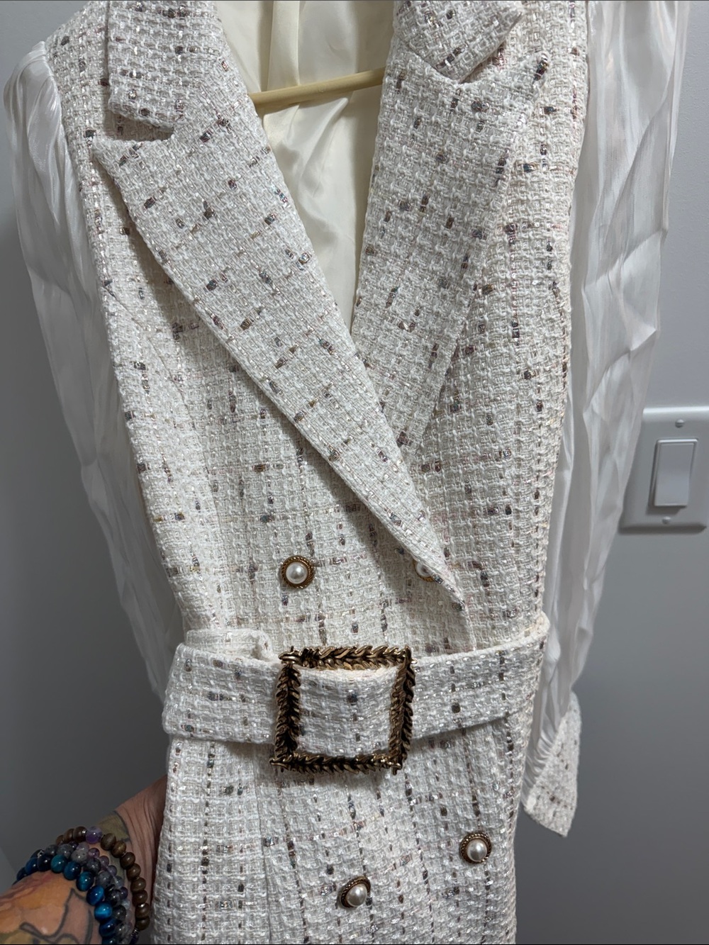 Simple Cream Tweed Belted Dress with Pearl Buttons